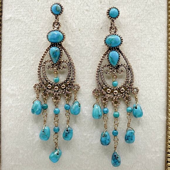 Barse Vintage Gold Filled And Turquoise Chandelier Dangling Studs Earrings 3” - Picture 4 of 6